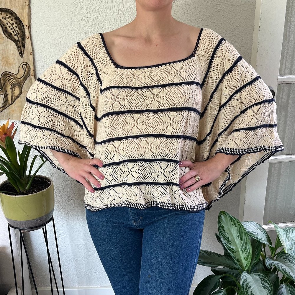 Free People Womens Poncho Sweater Striped Open Knit Square Neck Beige/Navy M